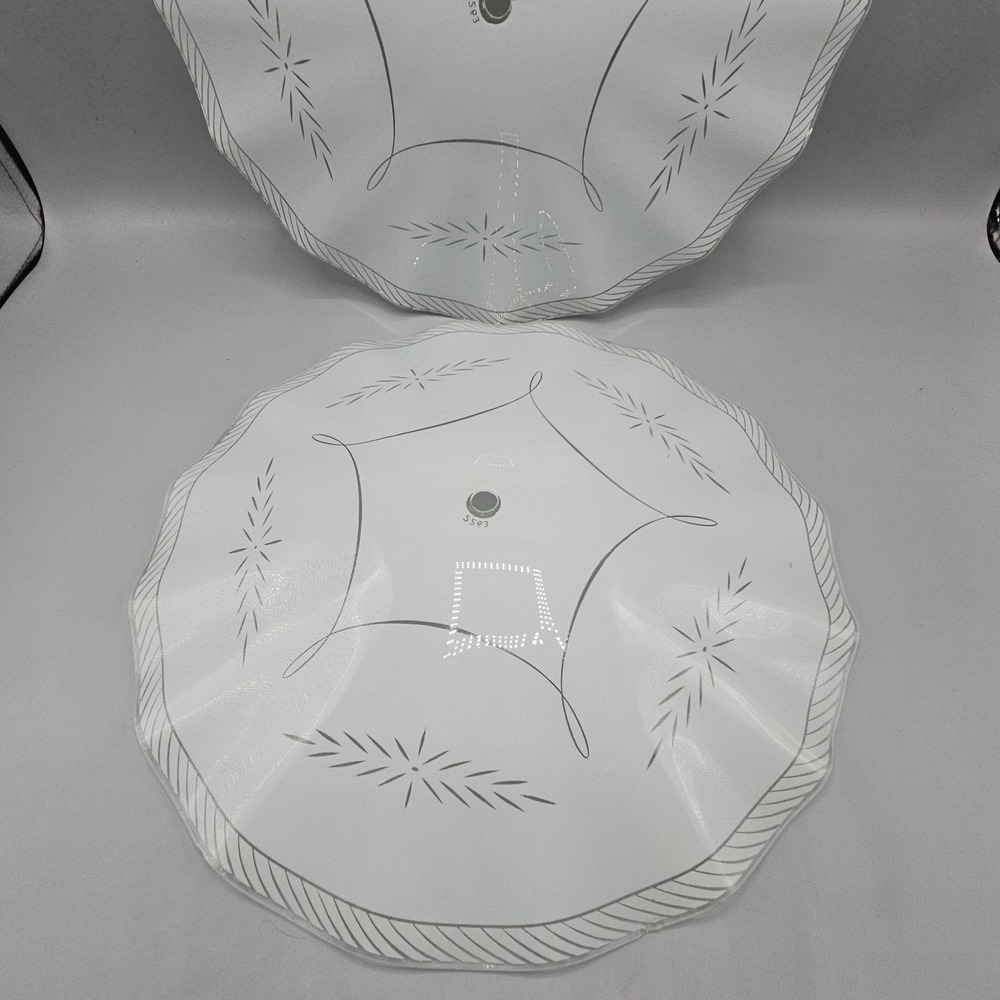 Vintage Pair (2) 14" MCM Glass Ceiling Lights Round Diffuser Shade Etched